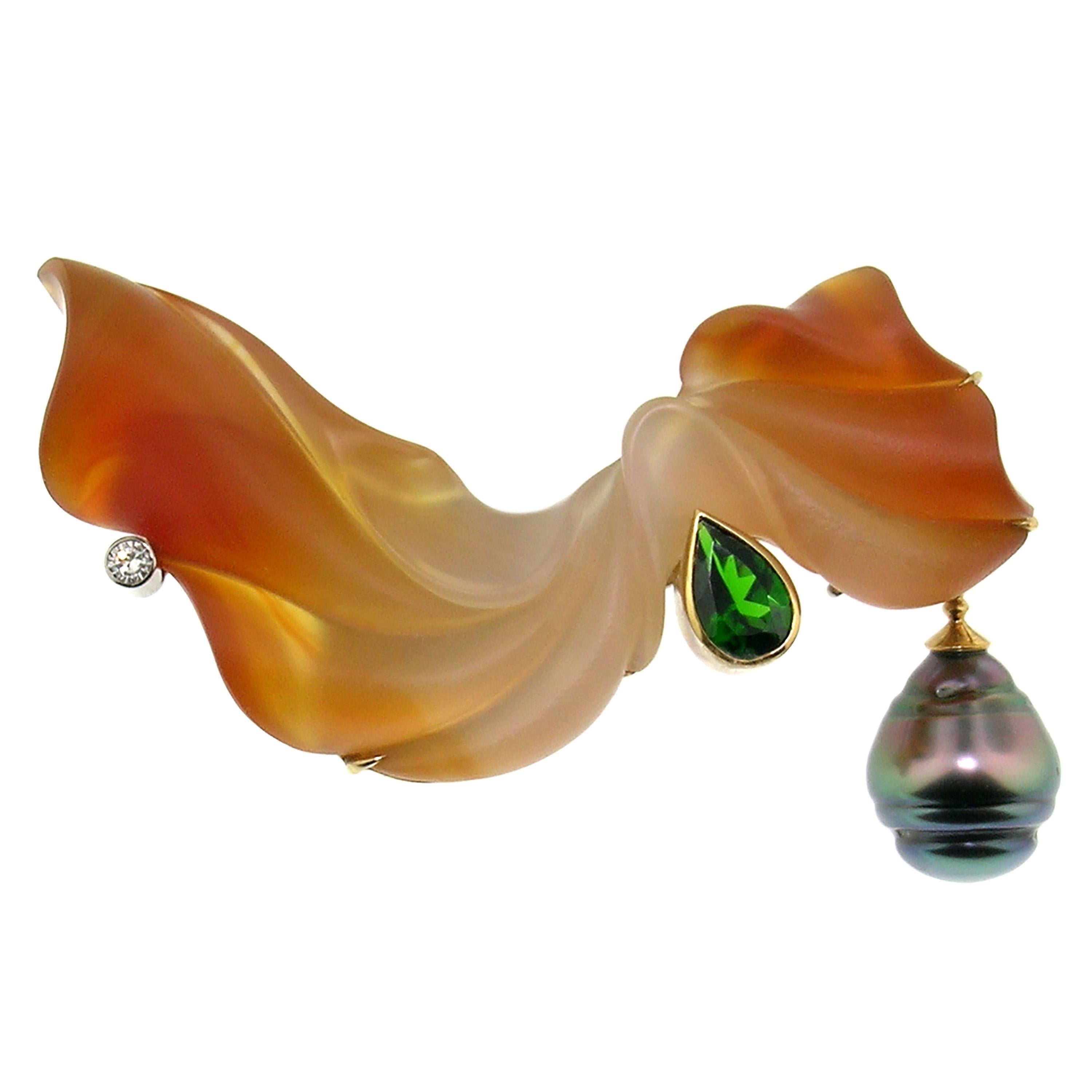 Carved Carnelian, Chrome Diopside and Tahitian Pearl in 18kt Pendant and Brooch