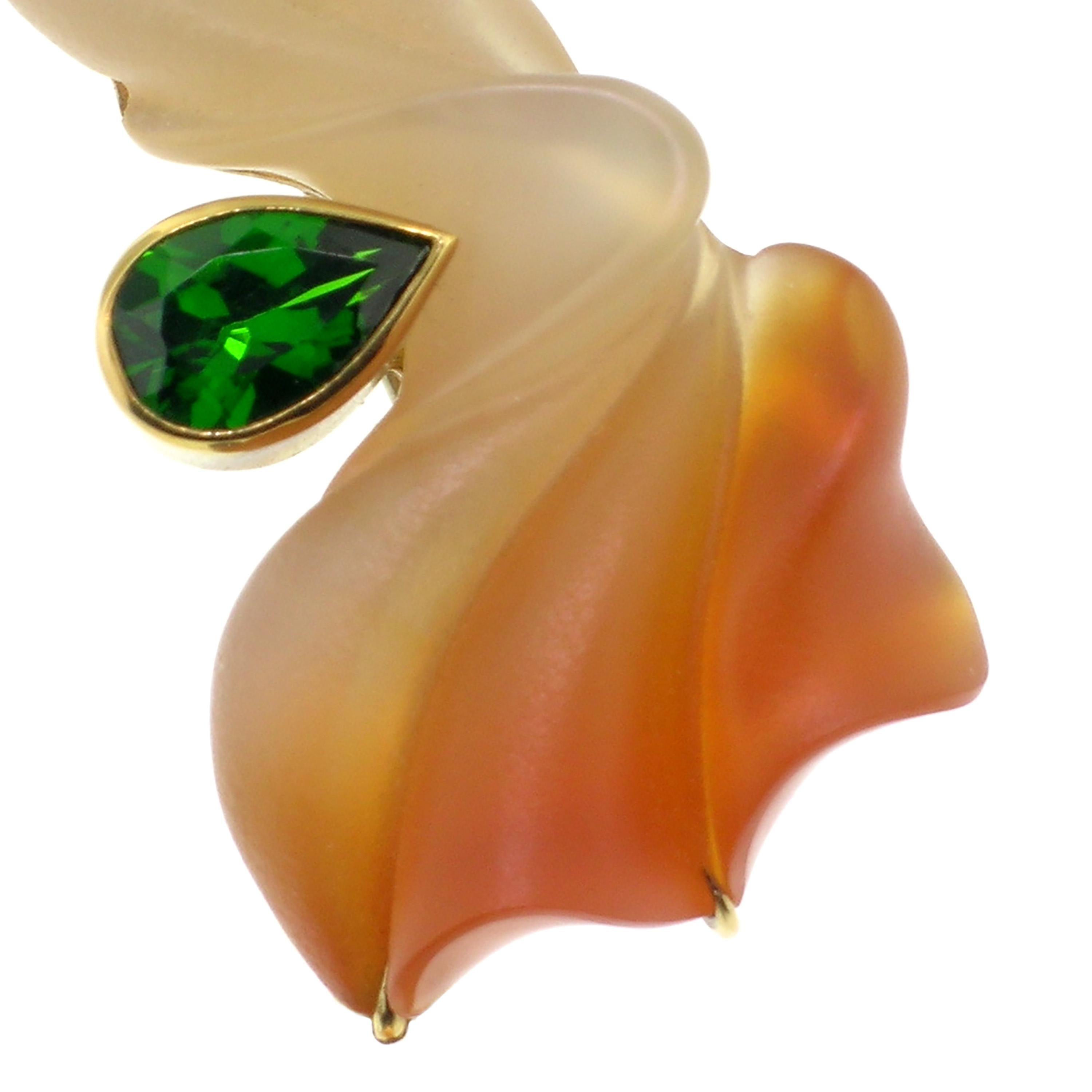 Cabochon Carved Carnelian, Chrome Diopside and Tahitian Pearl in 18kt Pendant and Brooch