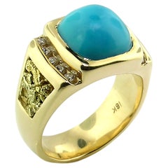 Anello da uomo con turchese, diamante e pepita d'oro della miniera di Kingman a 18 carati