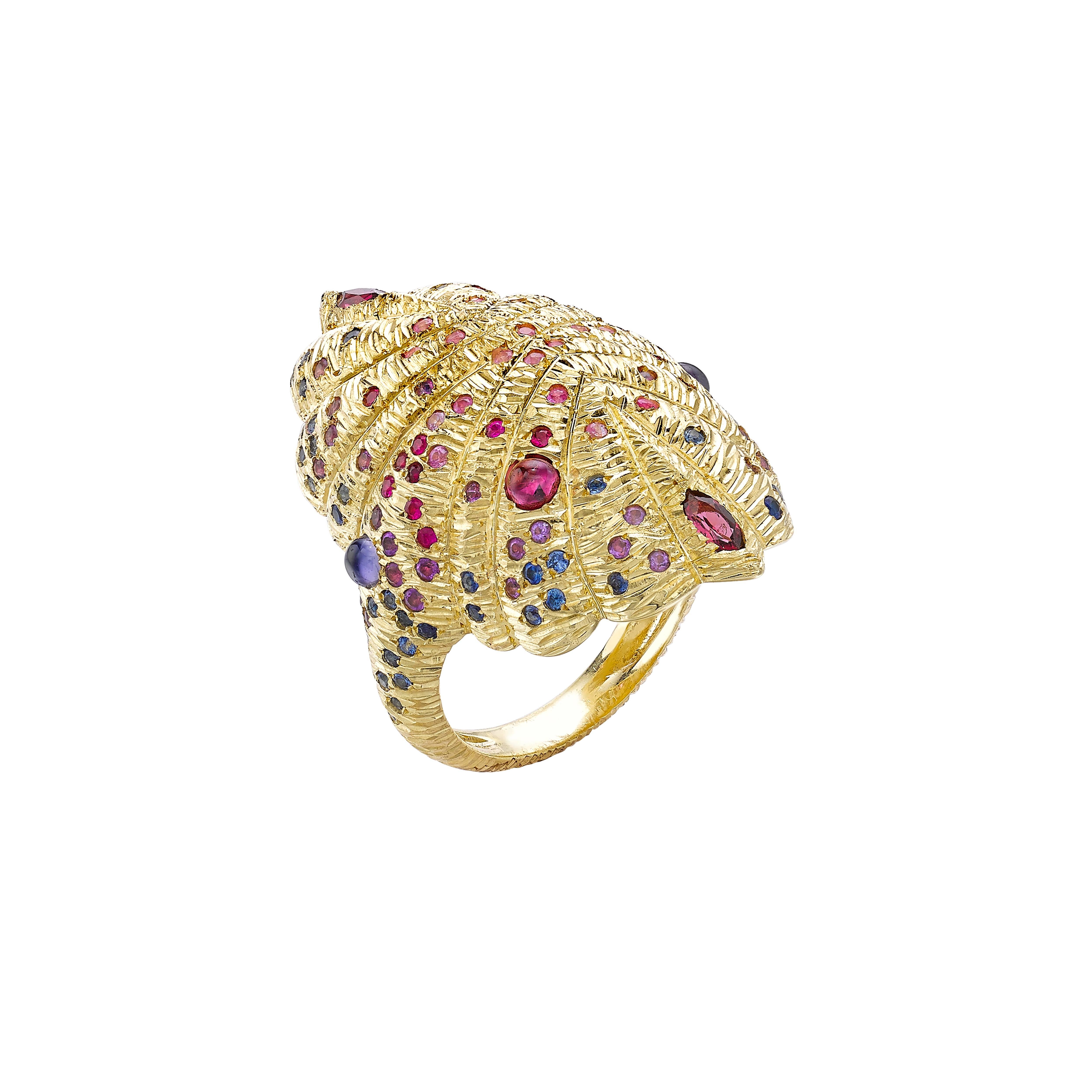 Ring size: 49, 50, 52 & 54
(Alternative sizes available on a made to order basis, with an estimated delivery time of 4-6 weeks)

18k Yellow Gold approx. 17gr, 48 Blue Sapphires 0.58ct, 34 Amethysts 0.37ct, 18 Rubies 0.24ct, 6 Pink Sapphires 0.10ct,