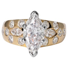 Vintage 1980s 2 Carat Marquise Diamond 18k Gold Scatter Band Engagement Ring