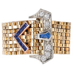 Retro 1940s Tank Belt Buckle Sapphire & Diamond 14k Gold Ring