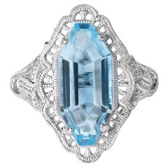 Art Deco Revival 4.20ct Blue Topaz Filigree Ring in 14k White Gold