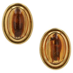 Vintage Bulgari 18k Yellow Gold Citrine Cabochon Drop Earrings, 1970s