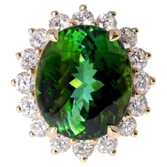 Estate Modern 7.84ct Green Tourmaline & Diamond Halo Cocktail Ring, 14K Gold