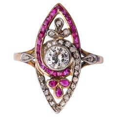 Antique Victorian Asymmetric Diamond & Ruby Fleur-des-Lis Navette Ring