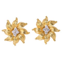 Mid Century Italian 18K Gold Sunflower Earrings with 0.70ct Diamonds
