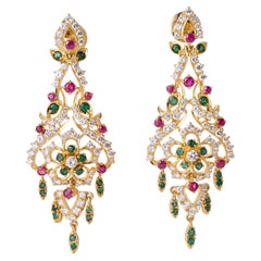 Vintage Mughal Style Diamond Ruby Emerald 22k Gold Dangle Earrings