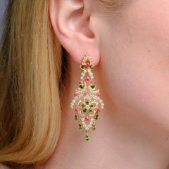 Vintage Mughal Style Diamond Ruby Emerald 22k Gold Dangle Earrings