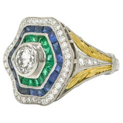 Art Deco Style Diamond Sapphire Emerald Ballerina Ring Cocktail Geometric