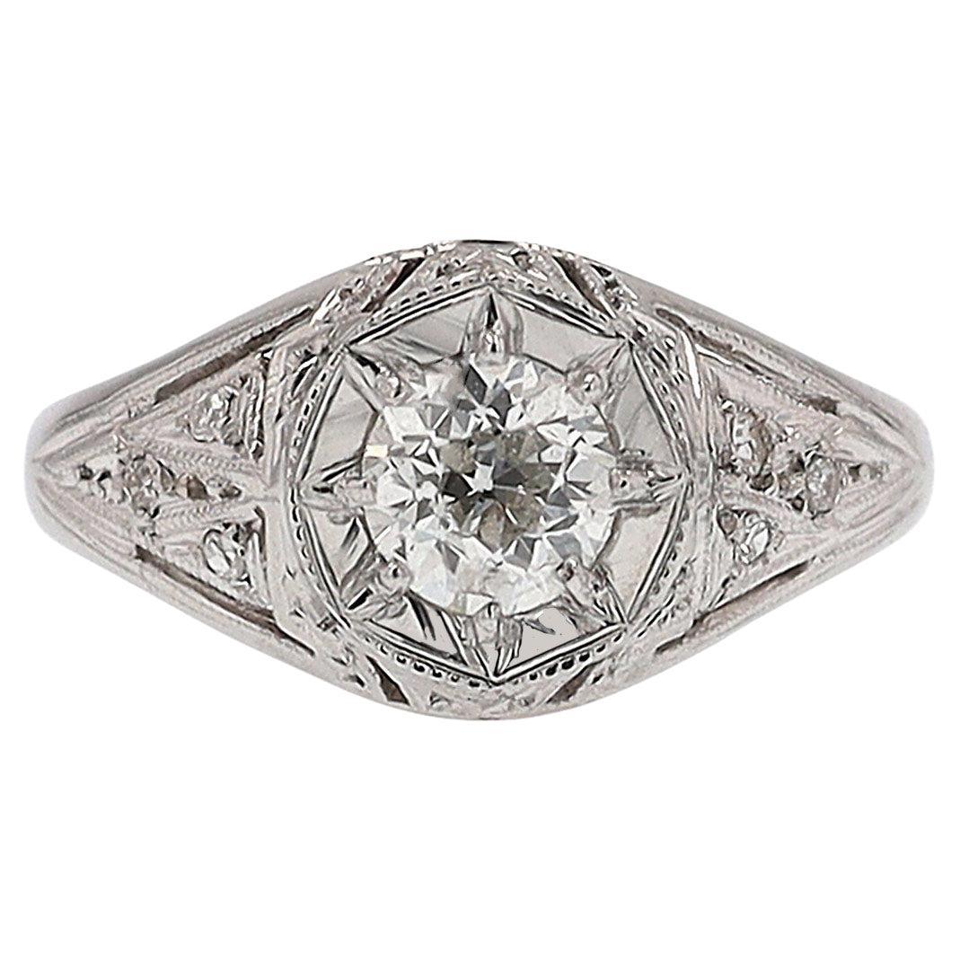 GIA Certified Art Deco 0.53 Carat Diamond Star Platinum Engagement Ring For Sale