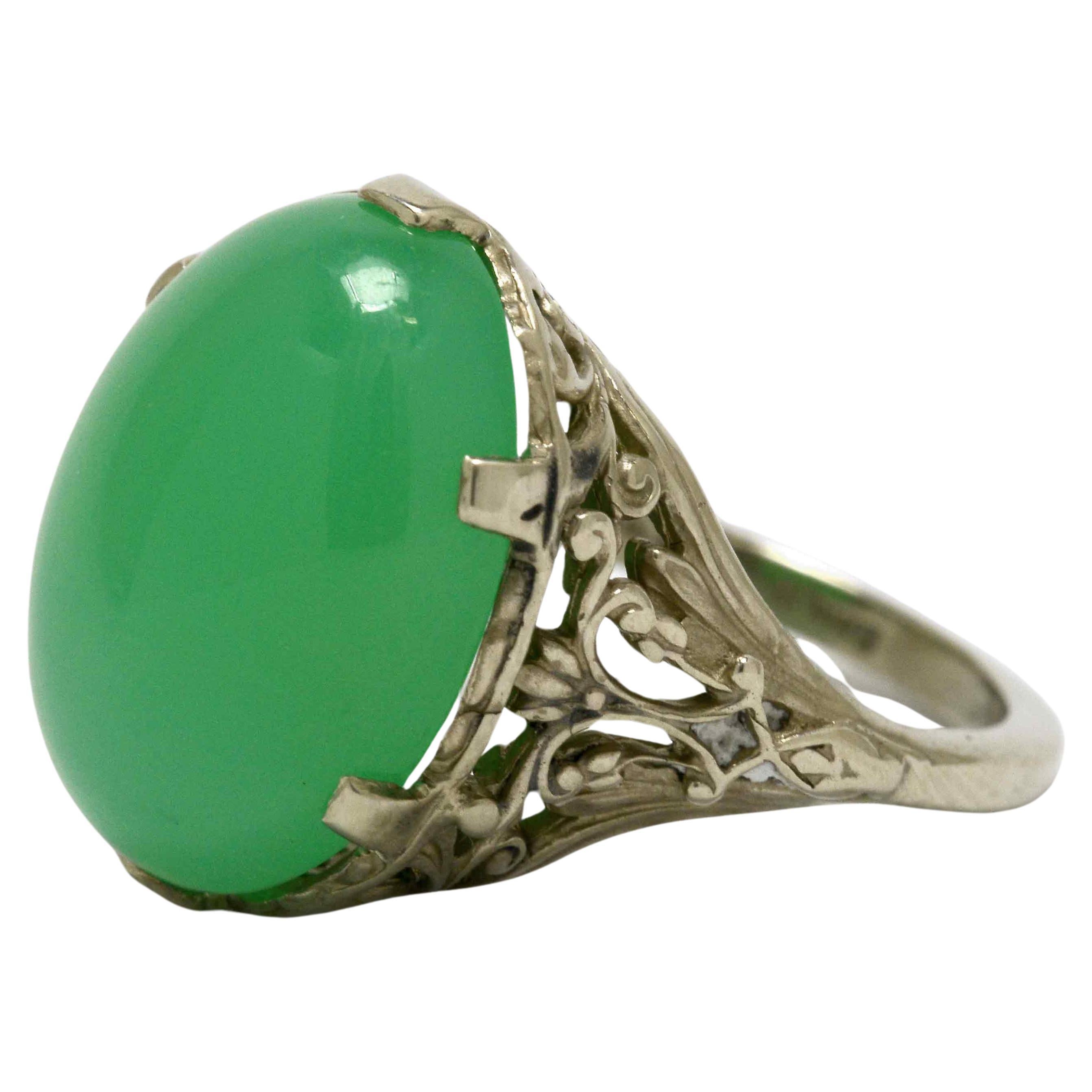 Victorian Chrysoprase Cabochon Filigree Cocktail Ring