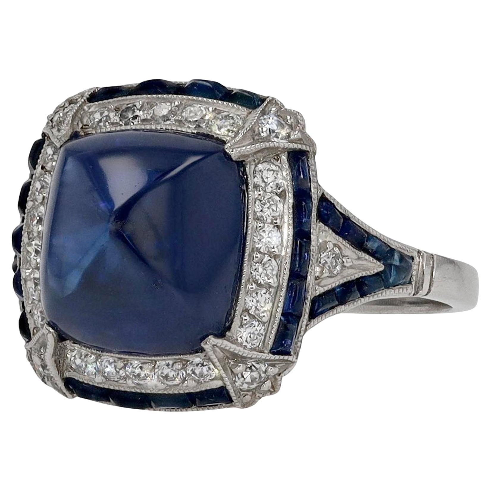 Art Deco Inspired 7 Carat Sugar Loaf Sapphire Diamond Ring For Sale