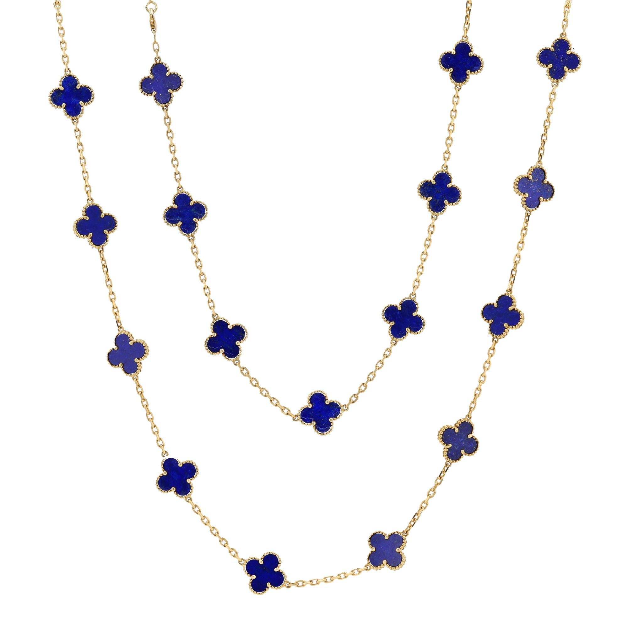 Vintage Van Cleef & Arpels Lapis Lazuli 20 Motif Or 18k Collier Alhambra en vente