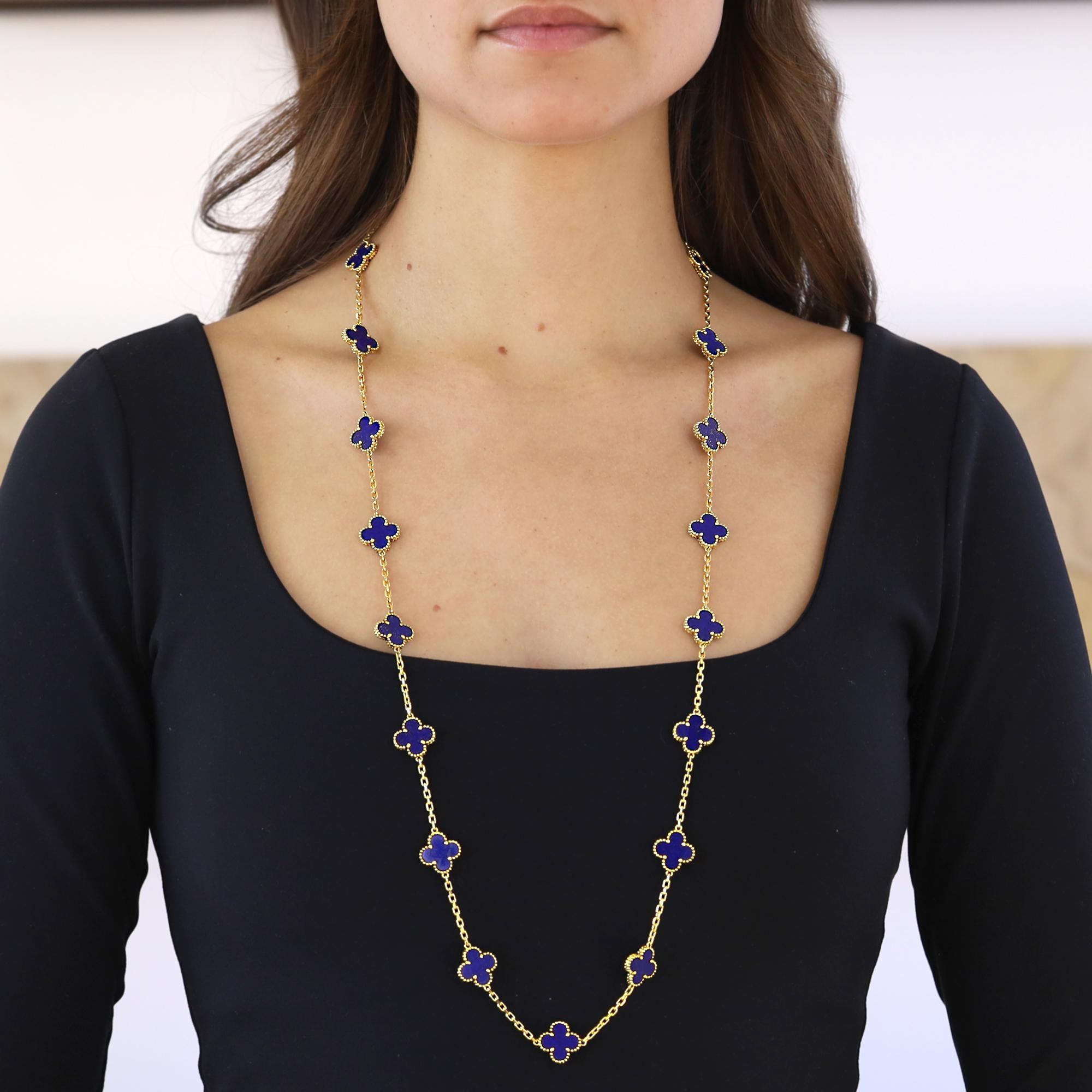 Contemporain Vintage Van Cleef & Arpels Lapis Lazuli 20 Motif Or 18k Collier Alhambra en vente