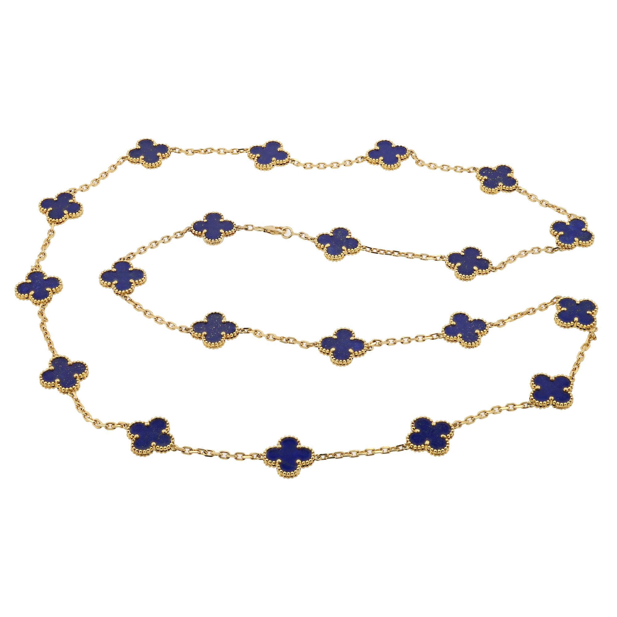 Taille ronde Vintage Van Cleef & Arpels Lapis Lazuli 20 Motif Or 18k Collier Alhambra en vente