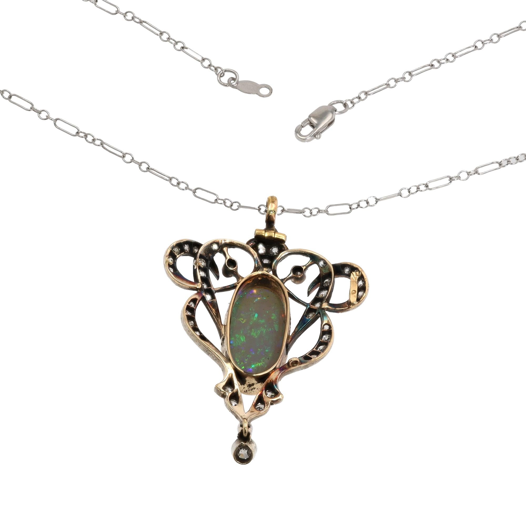 Collana Lavalier Art Nouveau con opale e diamanti in argento e oro 14k In condizioni buone in vendita a Santa Barbara, CA