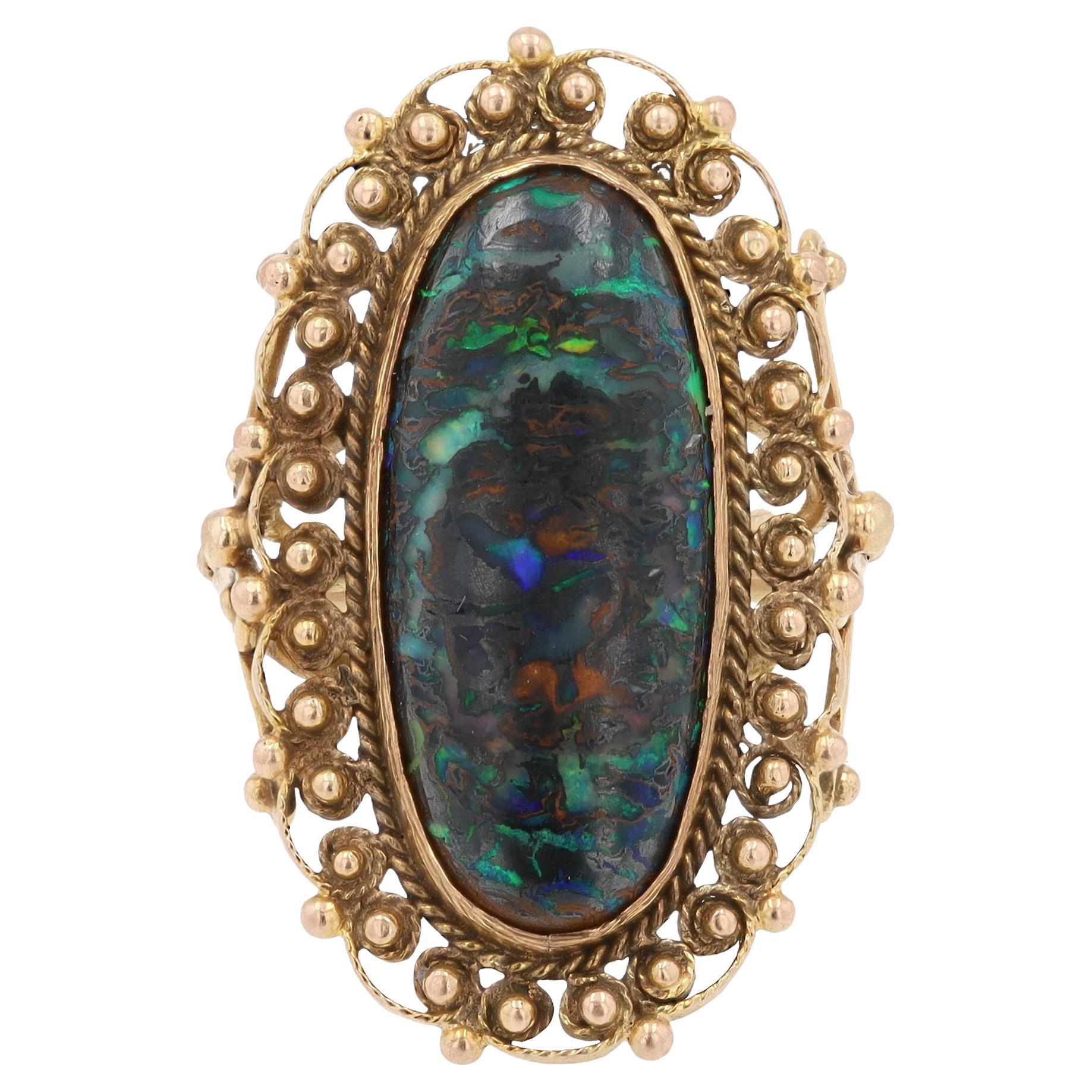 Art Nouveau 7 Karat Boulder Opal 14k Filigree Dinner Ring (Art nouveau) im Angebot