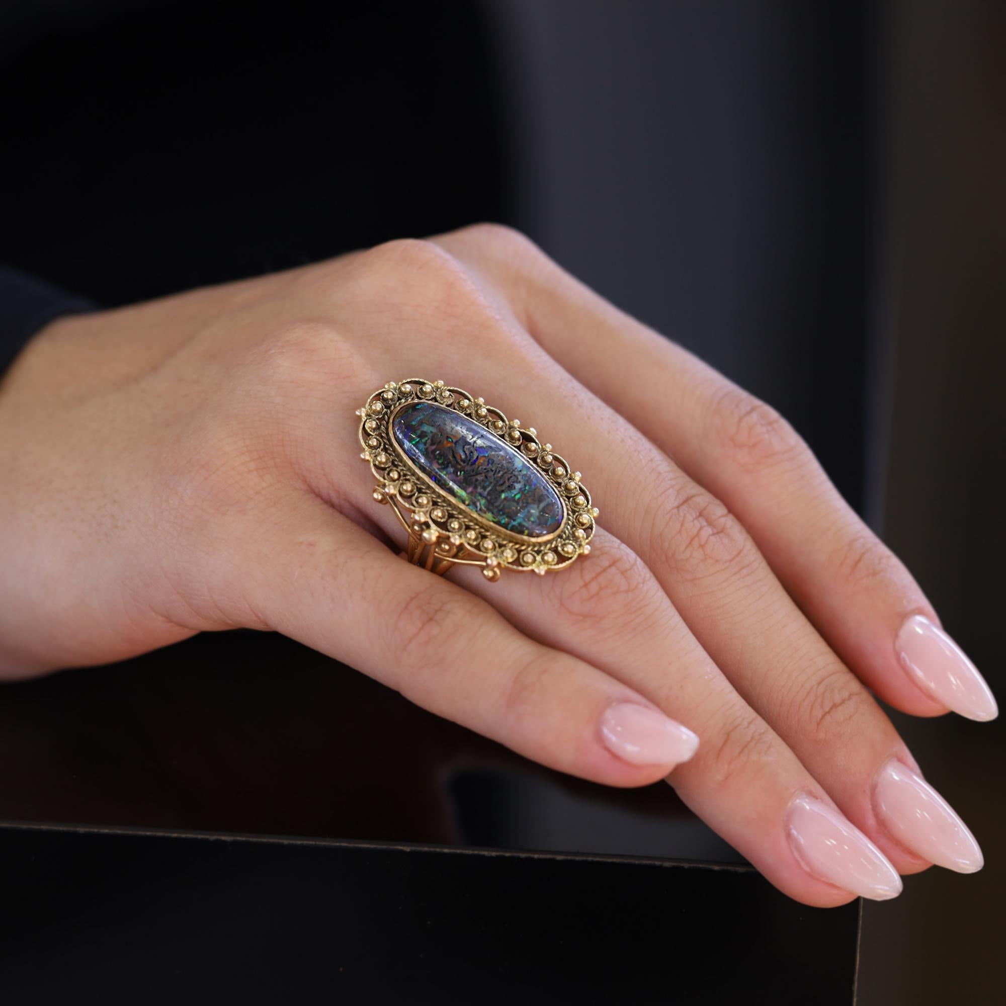 Art Nouveau 7 Karat Boulder Opal 14k Filigree Dinner Ring (Cabochon) im Angebot