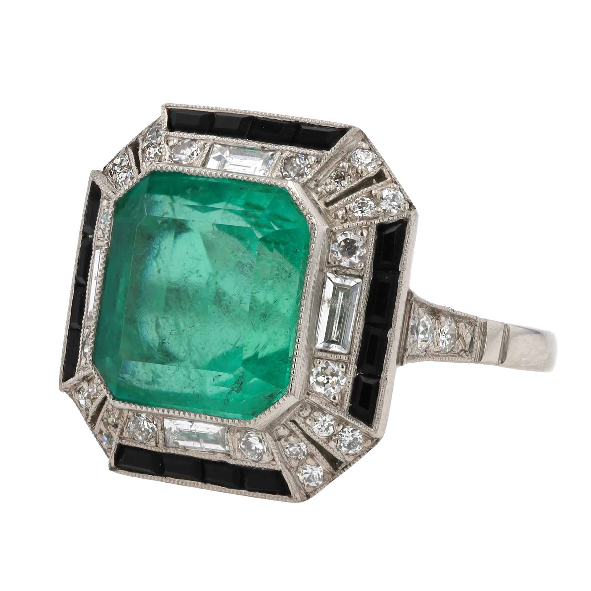 New GIA zertifiziert 6,52 Karat kolumbianischen Smaragd Diamant & Onyx Art Deco Ring im Angebot