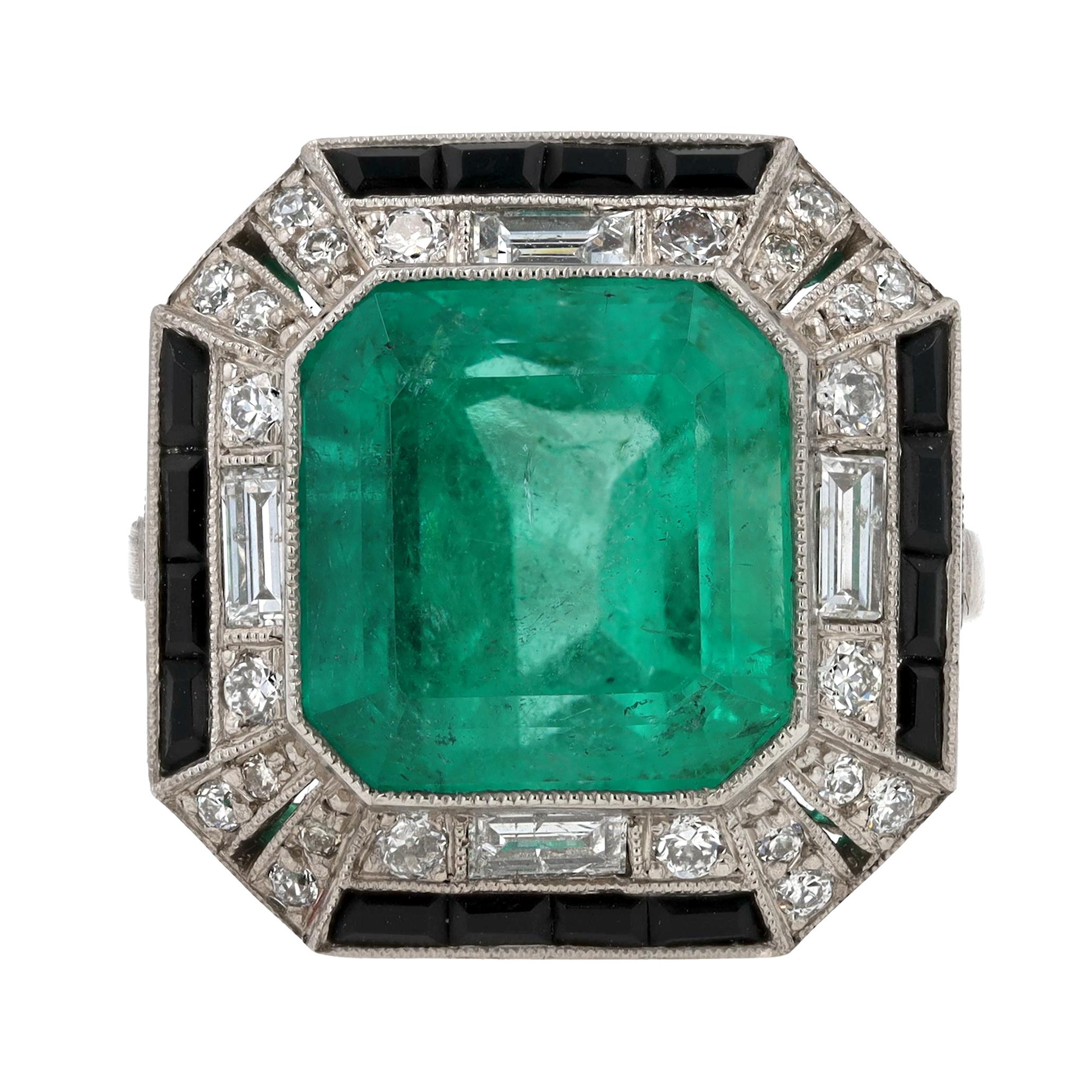 New GIA zertifiziert 6,52 Karat kolumbianischen Smaragd Diamant & Onyx Art Deco Ring (Art déco) im Angebot
