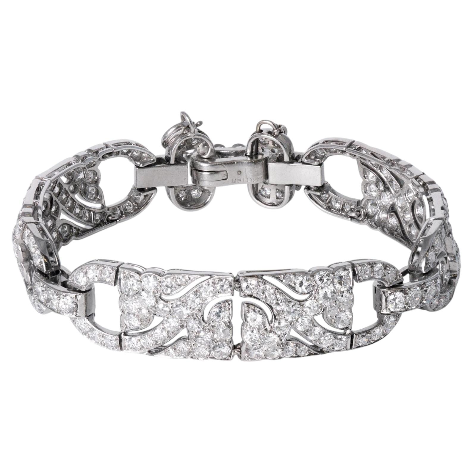 Bracciale Cartier d'epoca degli anni '20 in platino con filigrana in stile Art Déco e diamanti per un totale di 6,50 carati