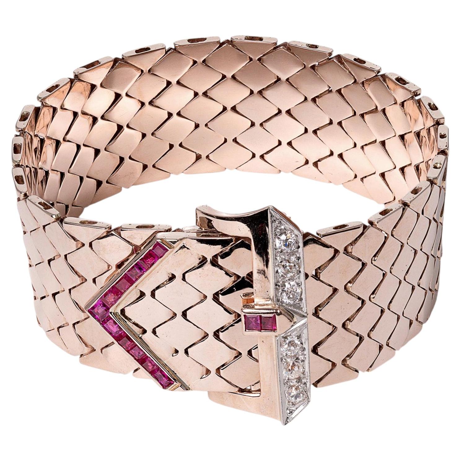 Retro 14k Rose Gold Ruby & Diamond Wide Buckle Bracelet For Sale