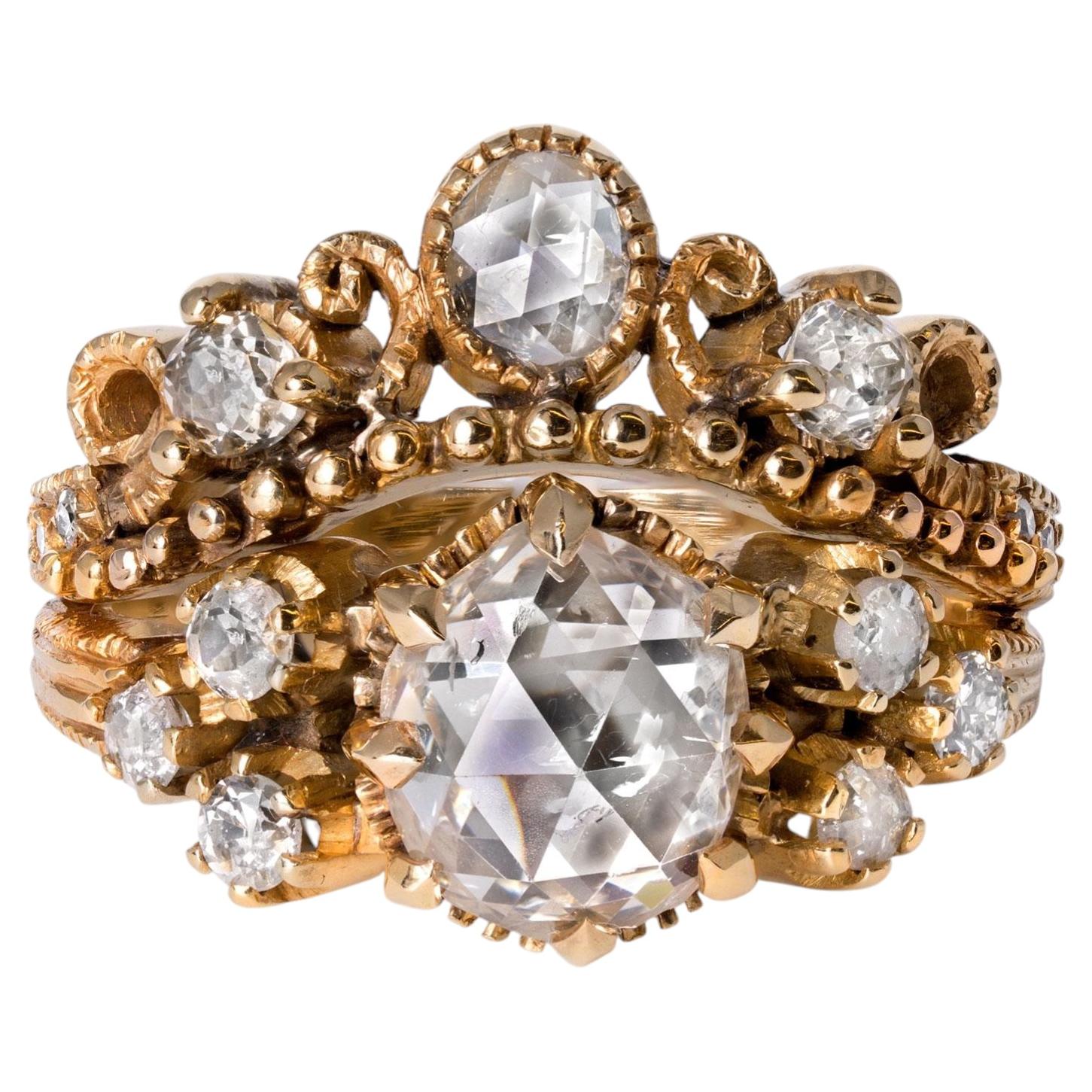 Antique 2.92 Carat Rose And Old Mine Cut Diamond 18k Gold Engagement Ring