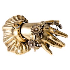 Antique Victorian 18k-22k Gold Black Enamel Mourning Hand Brooch