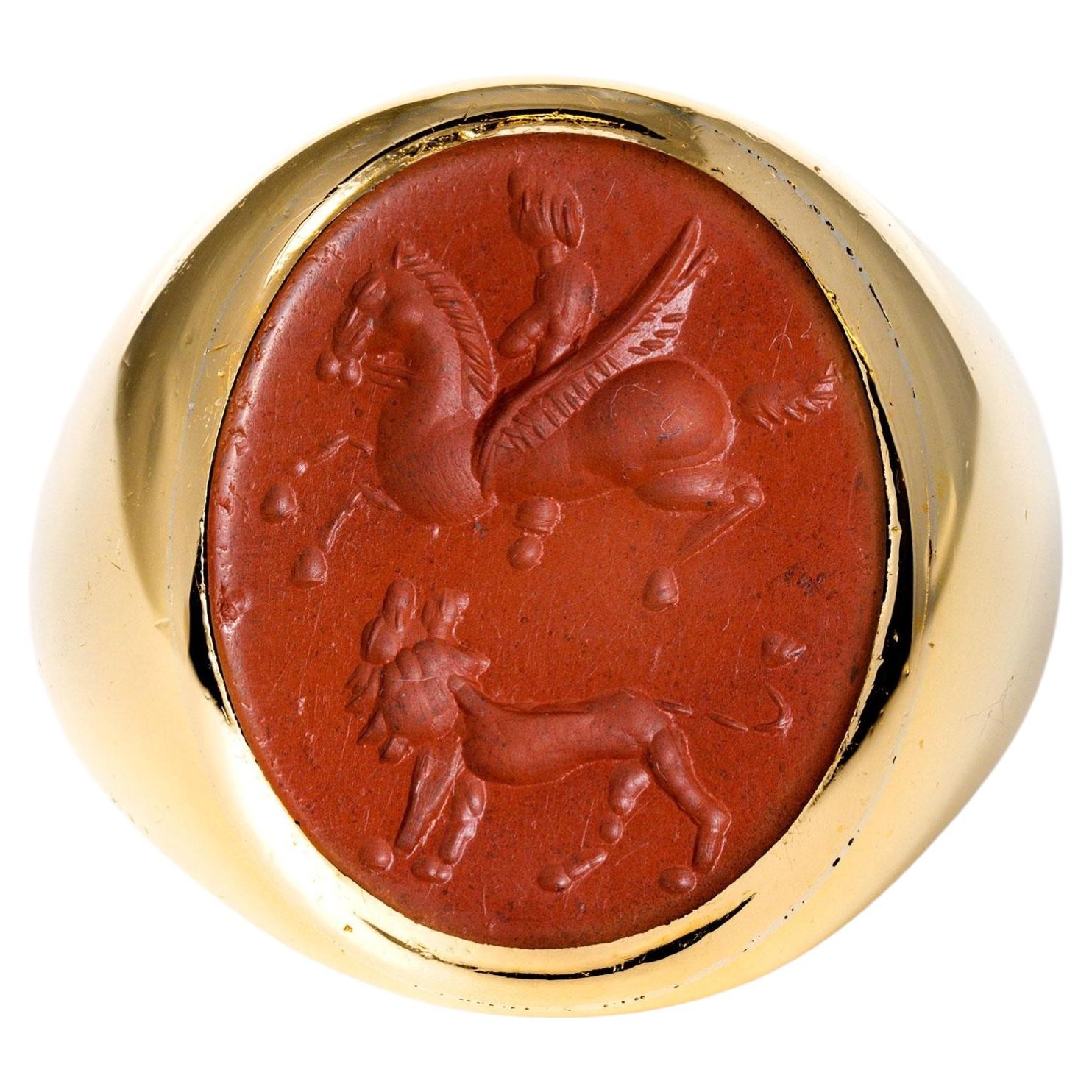 Vintage 1950s Mythology 18k Gold Intaglio Pegasus & Lion Signet Ring