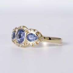 1950's English Edwardian Revival Sapphire Diamond 3-Stone 18k Gold Ring