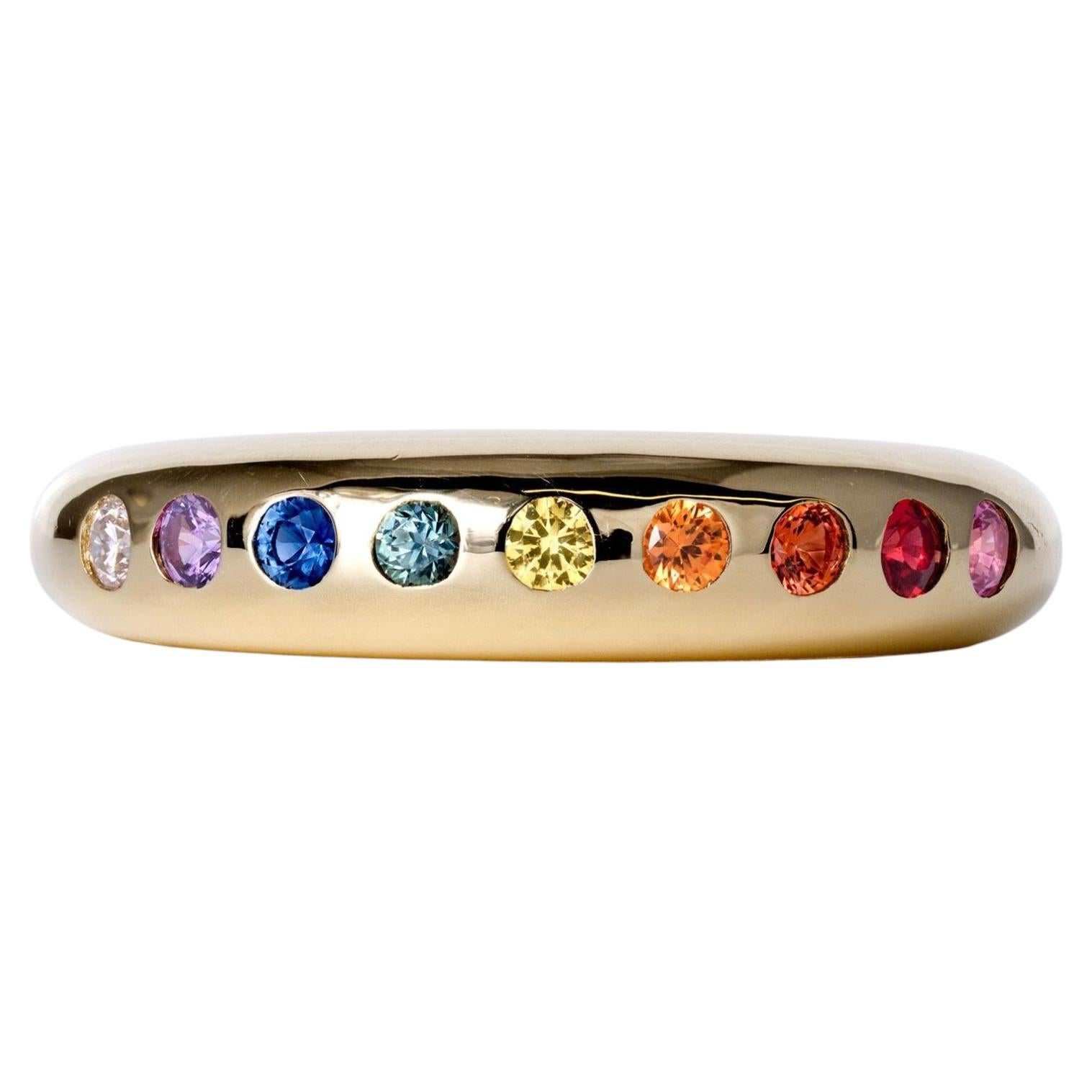 Estate Rainbow Sapphire & Diamond Yellow Gold Band Ring For Sale