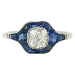 Antique Old Mine Cut Diamond & Sapphire Art Deco Style Engagement Ring