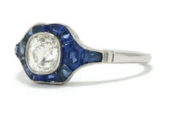 Antique Old Mine Cut Diamond & Sapphire Art Deco Style Engagement Ring