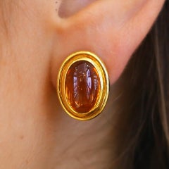 Vintage Bulgari 18k Yellow Gold Citrine Cabochon Drop Earrings, 1970s