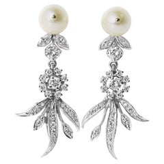 Mid-Century 14k White Gold Pearl & Diamond Drop Earrings, Circa 1970