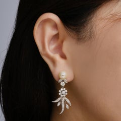 Mid-Century 14k White Gold Pearl & Diamond Drop Earrings, Circa 1970