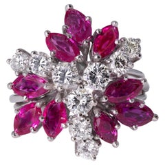 Mid Century 18k White Gold Ruby and Diamond Cluster Ring, 1970s
