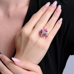 Mid Century 18k White Gold Ruby and Diamond Cluster Ring, 1970s