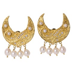 1980s Elizabeth Gage 18k Gold Pearl & Diamond Half-Moon Earrings