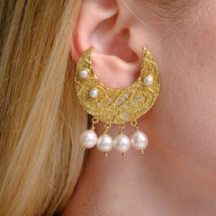 1980s Elizabeth Gage 18k Gold Pearl & Diamond Half-Moon Earrings