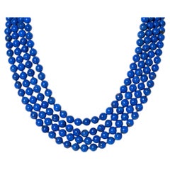 Mid Century 18k Gold Lapis Lazuli Bead Necklace with Diamond Clasp