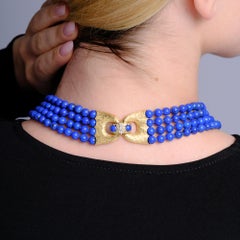 Mid Century 18k Gold Lapis Lazuli Bead Necklace with Diamond Clasp