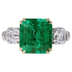 AGL Cert. Colombian Emerald No Oil 5.59ct Art Deco Ring, 2.01ct Diamond Sides