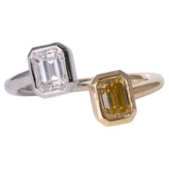 GIA Certified 18k Yellow & White Emerald Cut Diamond Toi Et Moi Ring
