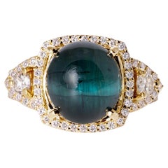 Vintage 14k Gold Cat's Eye Indicolite Tourmaline Ring with Diamonds
