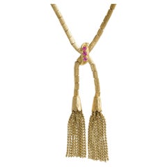 Retro 1940s 18k Yellow Gold Ruby Lariat Necklace with Tassels, 0.18ct