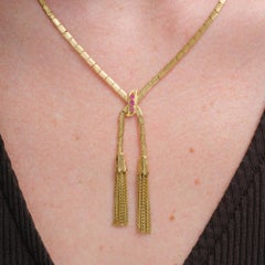 Retro 1940s 18k Yellow Gold Ruby Lariat Necklace with Tassels, 0.18ct
