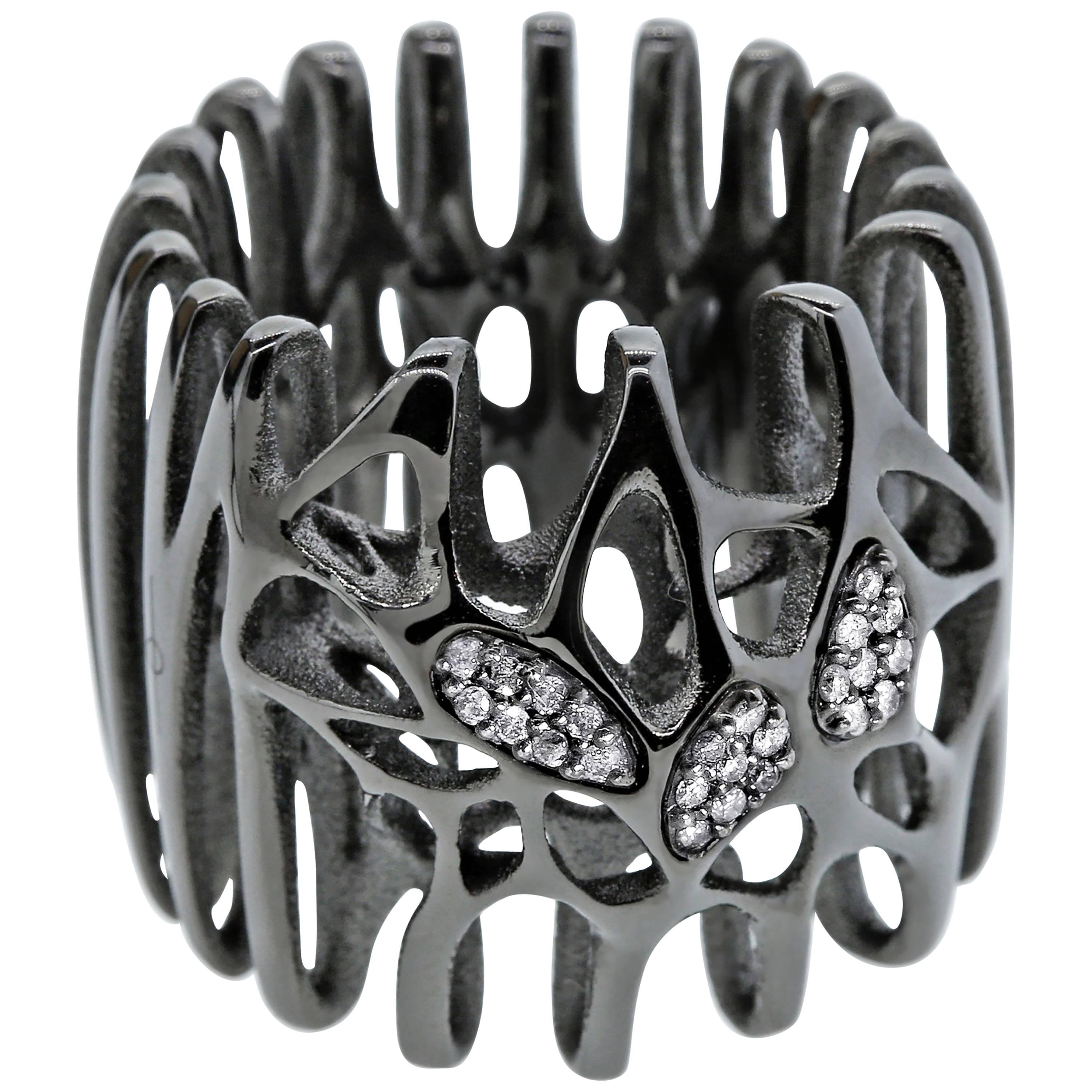 FLOWEN Sterling Silver Radix Cocktail Ring in Black ruthenium with ice diamonds