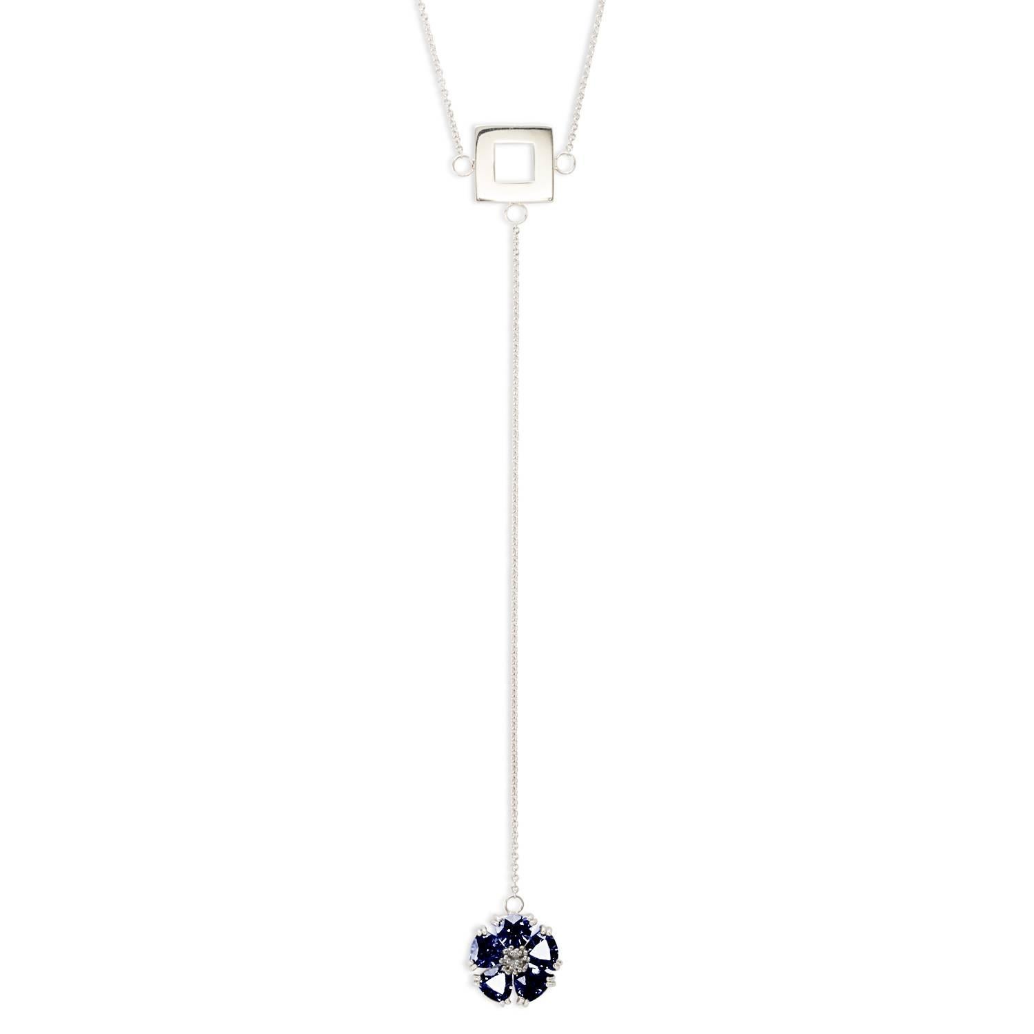 Dark Blue Topaz Blossom Stone and Square Lariat Necklace For Sale